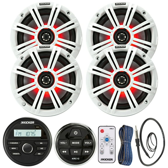 Kicker All-Weather Marine Gauge Style Bluetooth USB Stereo Receiver Bundle with Wired Remote, 4x 6.5" 2-Way 195W Max Coaxial Marine LED Speakers w/ Remote, White Grilles, Wire, Antenna