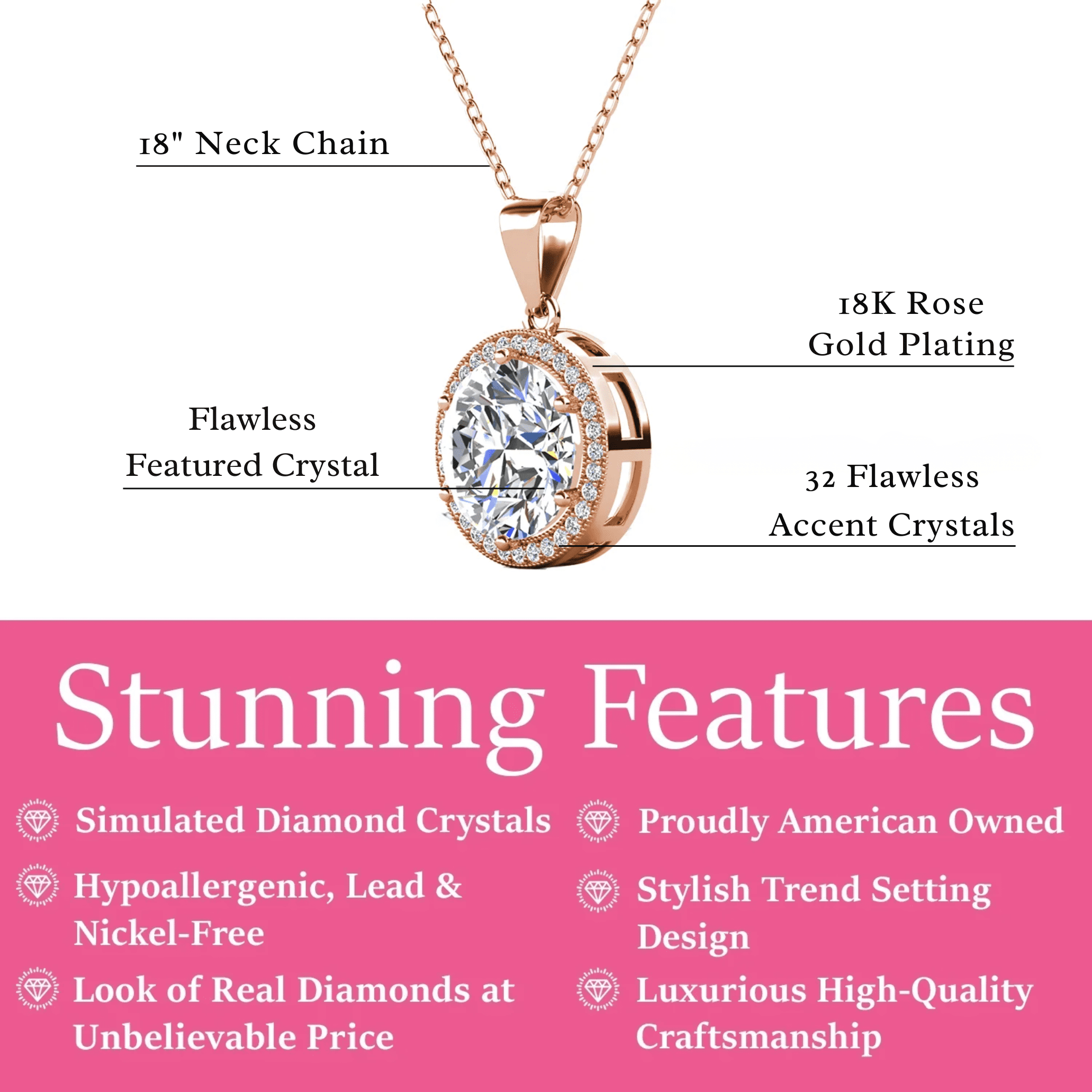 Cate & Chloe Sophia 18k Rose Gold Plated Halo Necklace with Simulated Diamond Crystals for Women
