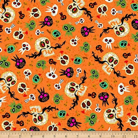 QT Hot Tamale Skulls in Orange Fabric by the Yard