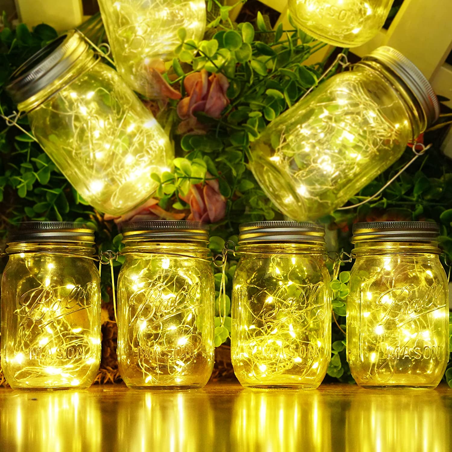 Soapow 6 Pack Mason Jar Solar Lights, 3m 30 LED Hanging Solar Mason Jar Lantern Outdoor, Waterproof Fairy Lights Solar Lamp with 6 Handles for Patio Garden Wedding Yard, Warm White (No Jars)