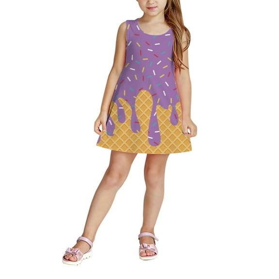 KAOOCXU Summer Dress For Girl Ice Cream Printed Sleeveless O-Neck Stylish Ruffled A-Line Dresses Kids Durable Playsuit Sunsuit Clothes
