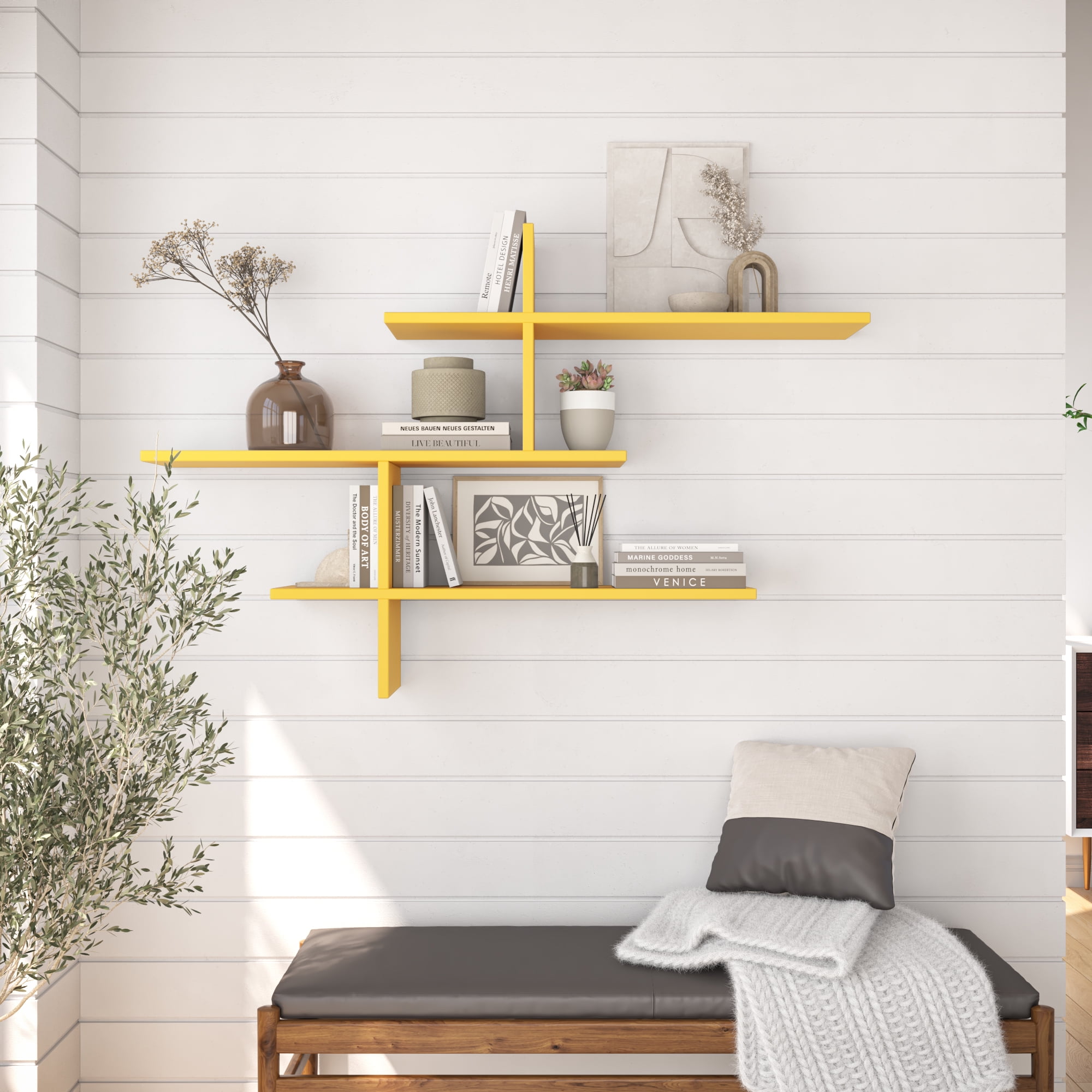 Ada Home Decor Furniture 48.5" 3 Tier Mustard Webster Modern Wall Shelf