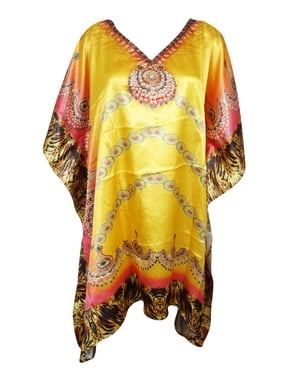 Mogul Women Yellow Short Kaftan Jewel Print Beach Cover Up BOHO Fashion Holiday Tunic Dress One Size