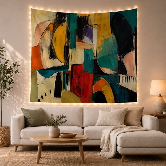 Abstract Geometric Composition in Bold Colors, Energetic Mid-Century Modern Art for Art Lovers, Abstract Wall Art, Housewarming Gift Tapestry Wall Hanging for Living Room, Home Office