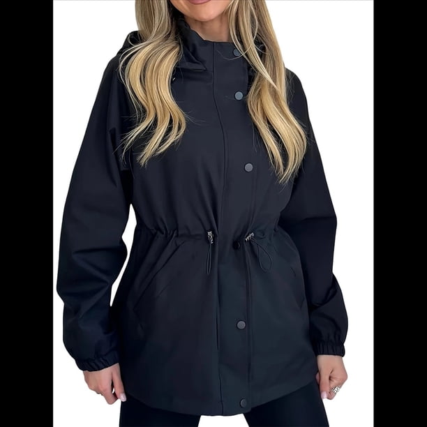 Chaqueta Impermeable de Larga con Capucha y Cremallera para Mujer, Gabardina, Cortavientos, Chaqueta de Viaje. Azul Marino M