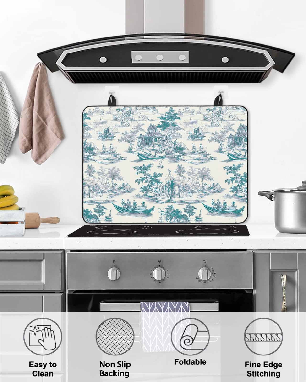 nqOlkjepod Large Induction Cooktop Protector Mat 24"x21", Green Garden Vintage Stove Top Covers for Electric Stove, Modern Art Building Boat Tree Stove Burner Cover Mats, Glass Top Stove Cover