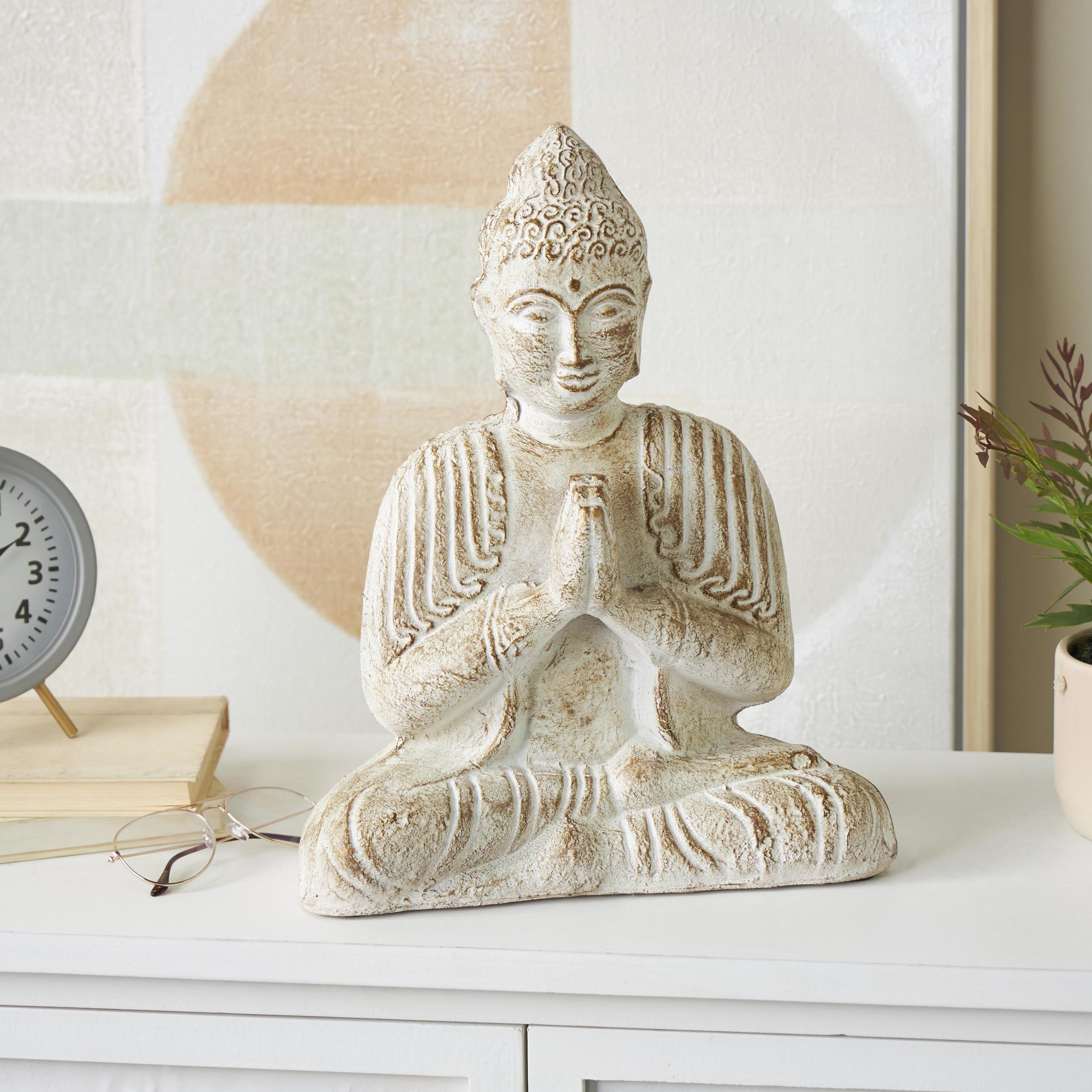 13" x 16" Cream Paper Mache Handmade Carved Buddha Sculpture with Brown Distressing, by DecMode
