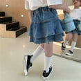 thumbnail image 5 of HUANBAI Little Girl's Denim Skirts Mini Flared Pleated Toddler Jean Skorts With Shorts Underneath 12-18 Months, 5 of 8