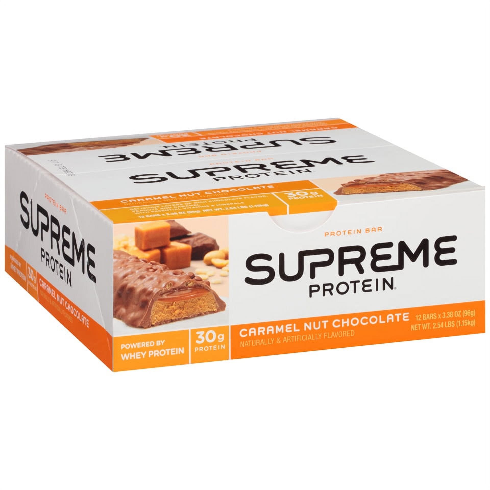 Supreme Protein 30g Protein Bar, Caramel Nut Chocolate, 3.38 Fl Oz Bar. (12 Count)