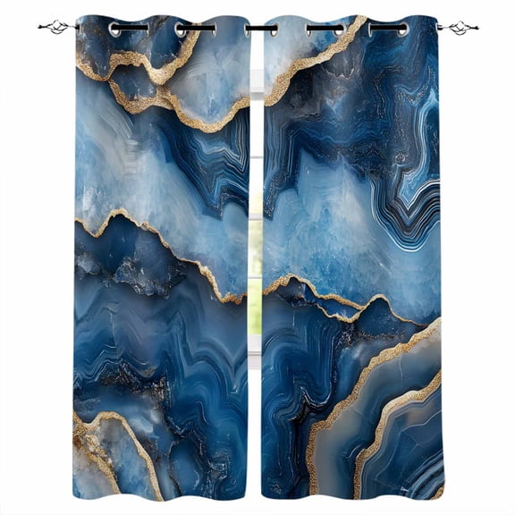 Blue Marble Blackout Curtains 39 Inches Long for Bedroom, Contemporary Abstract Golden Foil Texture Thermal Insulated Room Darkening Black Out Window Curtain Panels Grommet Drapes for Living Room