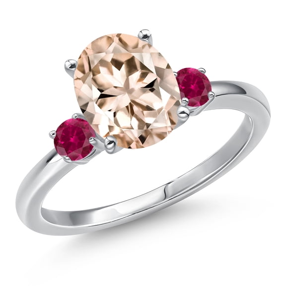 Gem Stone King 14K White Gold Peach Morganite and Red Created Ruby Engagement Ring for Women | 2.28 Cttw | Oval 10X8MM | Gemstone October Birthstone | Size 7