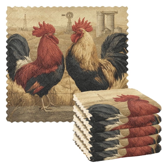 6 Pieces of Kitchen Towels 11x11Inch Kitchen Dish Cloths Kitchen Dish Towels Reuseable Cleaning Cloths Two Big Roosters
