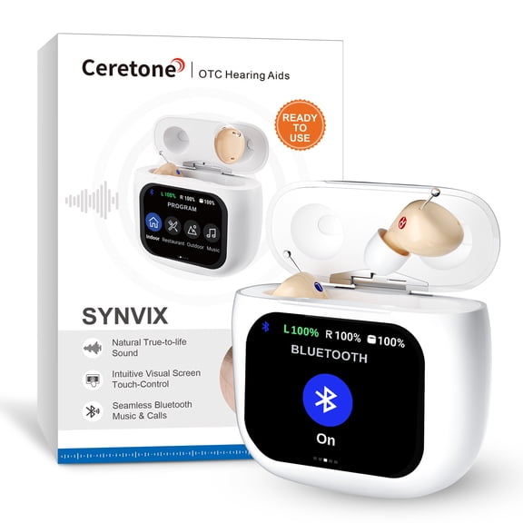 Ceretone Touchscreen Controlled Bluetooth Hearing Aid, In-Ear Rechargeable, Nearly Invisible, Beige