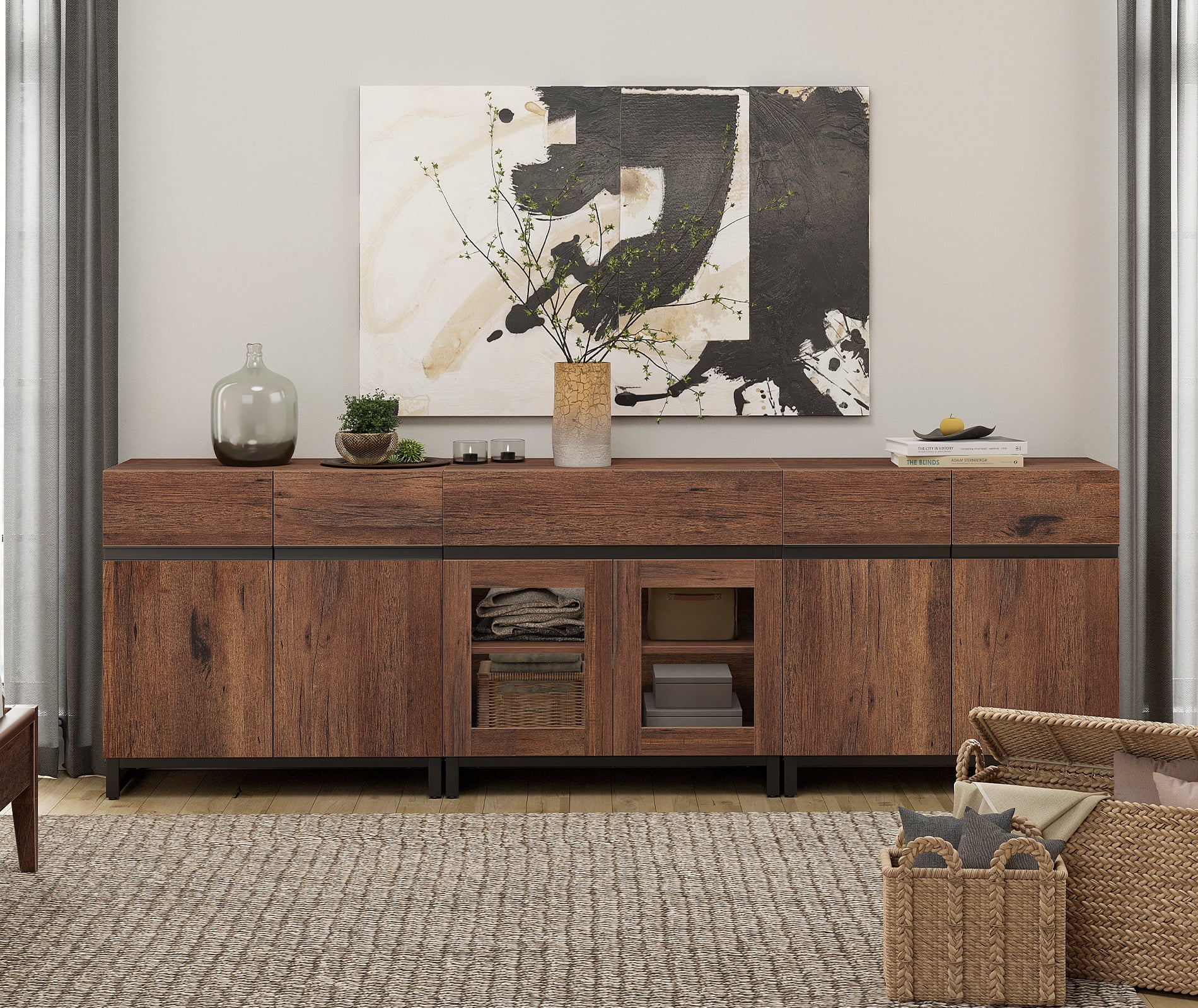 3 In 1 Modern Dresser with Glass Doors, Adjustable Shelves and Drawer, Metal Base Storage Cabinet, Multifunctional Chest Of Drawers for Bedroom Home Storage,Brown