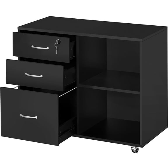 Topeakmart 3-Drawer Wooden Vintage File Cabinet with Wheels for Home and Office, Black