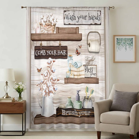 Country Cotton Floral Sheer Curtains 45 Inches Long, Farmhouse Vintage Bath Bottle Light Filering Curtains, Breathable Simi Curtain Privacy Drapes for Kitchen Bathroom Small Window Treatment