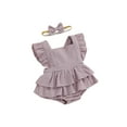 thumbnail image 2 of Yunliwuli Baby Girls Rompers Dress Solid Color Square Neck Fly Sleeve Skirt Hem Infant Bodysuits Summer Clothes with Headband, 2 of 9