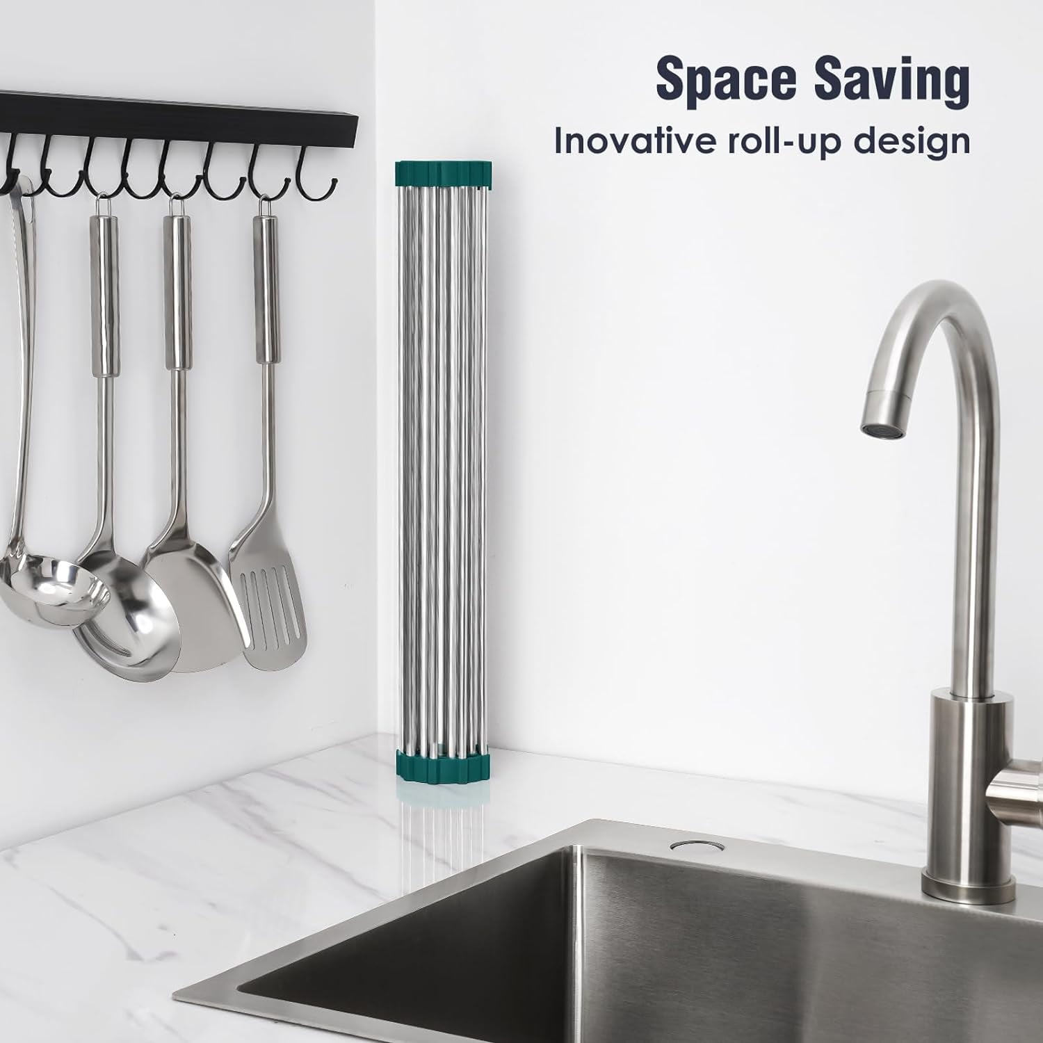 JJEAN-Stainless Steel Roll Up Dish Drying Rack, Foldable Over The Sink Rolling Drainer Rack, Multipurpose Kitchen Gadget Draining Caddy Organizer, Space Saving Sink Accessory Storage Shelf Holder
