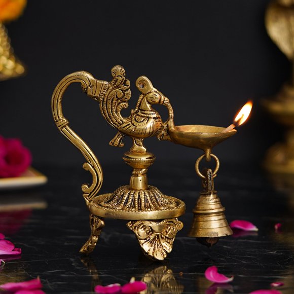 Handcrafted Golden Peacock Brass Decorative Showpiece Diya Stand With Bell