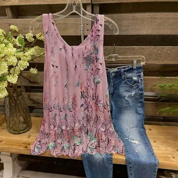 jsaierl Summer Women Sexy Tank Tops Floral Print Sleeveless Casual Vest Chiffon O-Neck Loose Camisole Comfy Tunic Blouse