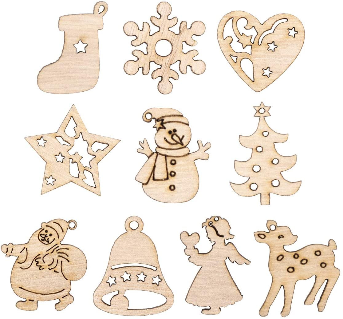 100x Wooden MDF Wood Craft Shapes Christmas Tree Hanging Decoration Ornament 