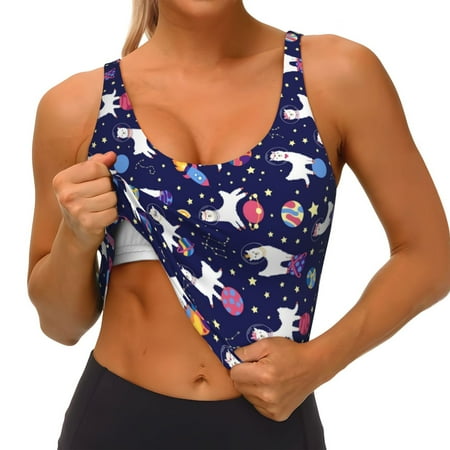 Qokaie Lama in Space Pattern Womens Scoop Neck Sports Bra Breathable Workout Vest Padded U Back Medium Impact Fitness Gym Yoga Bra Workout Crop Top