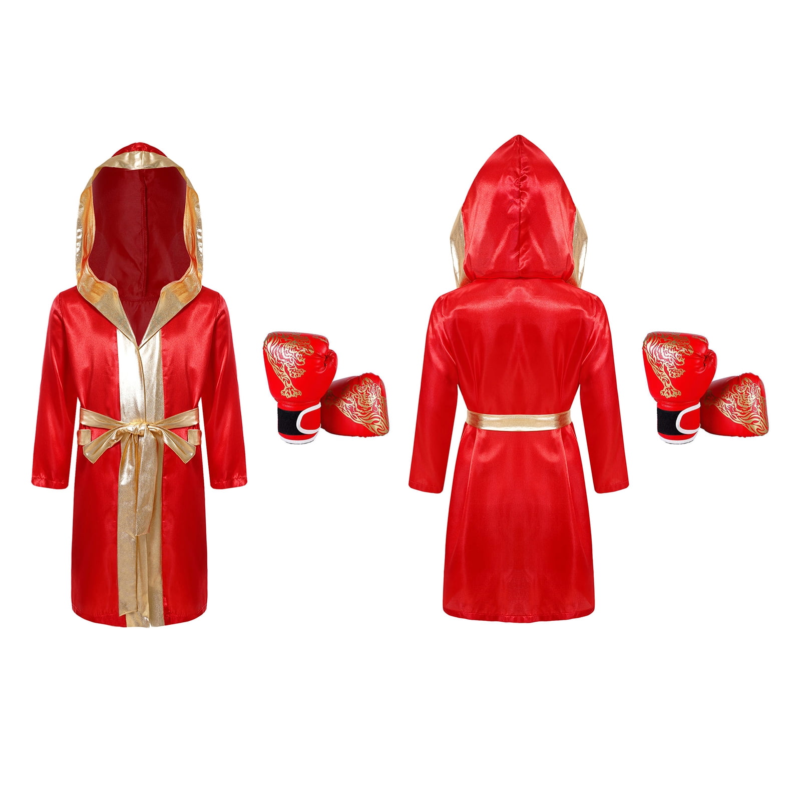 Hansber Kids Boys Boxing Uniform Satin Hooded Boxer Robes with Muay Thai MMA Training Gloves for Red 16