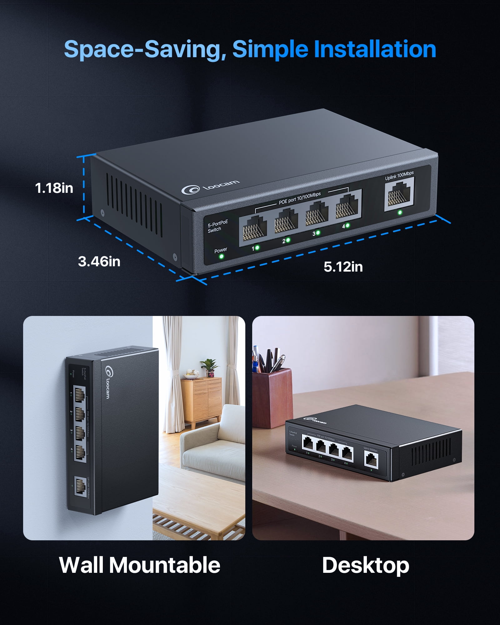 Loocam 5-Port PoE Switch with 4-10/100Mbps PoE Ports, 1-10/100Mbps Uplink Port, Unmanaged Fast Ethernet Network Switch, Plug and Play
