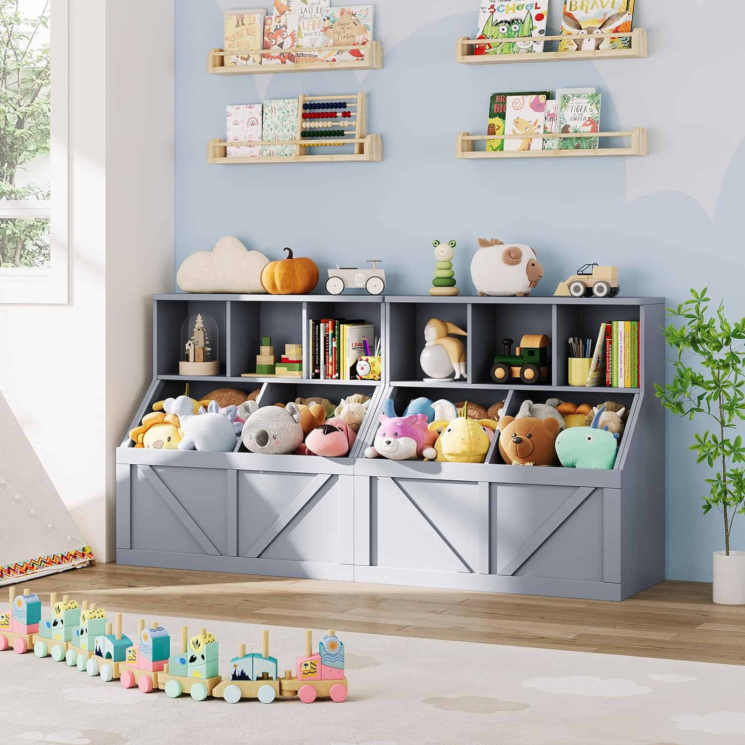 Toy Storage Organizer, Bookshelf and Toy Storage, Toddlers Bookshelf Toy Organizer for Rooms Playroom Bedroom Nursery Daycare, Gray