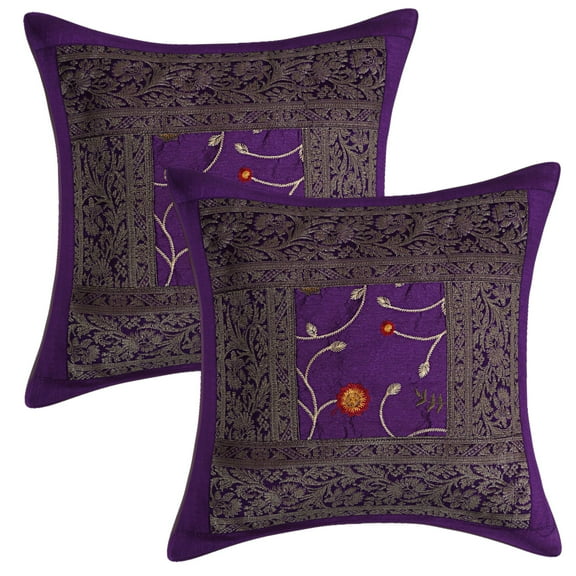 Stylo Culture Ethnic Couch Throw Pillow Covers Embroidered 16 x 16 Brocade Patchwork Purple Traditional 40cm x 40cm Bedroom Polydupion Floral Square Cushion Covers | Set Of 2