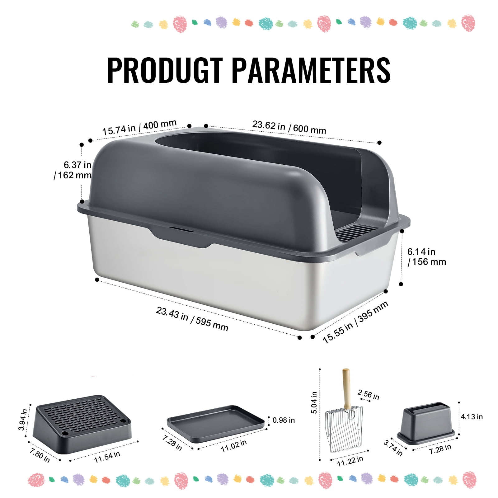 KFFKFF Extra Large Stainless Steel Cat Litter Box, 6-Inch Deep Design with Scoop, High Sides & Wide Filtering Foot Board, Enclosed and Easy to Clean, Ideal for Large Cats