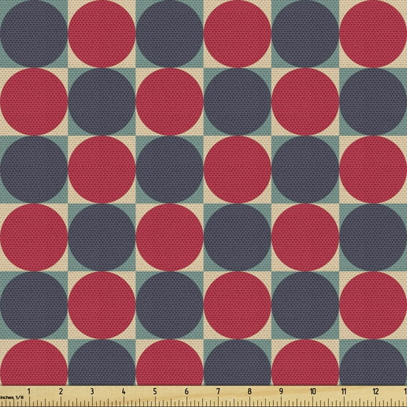 Geometric Fabric by the Yard, Rhythmic Circular Formations Arranged into Squares Interior Design, Decorative Upholstery Fabric for Sofas and Home Accents, Dark Indigo Red and Ecru by Ambesonne