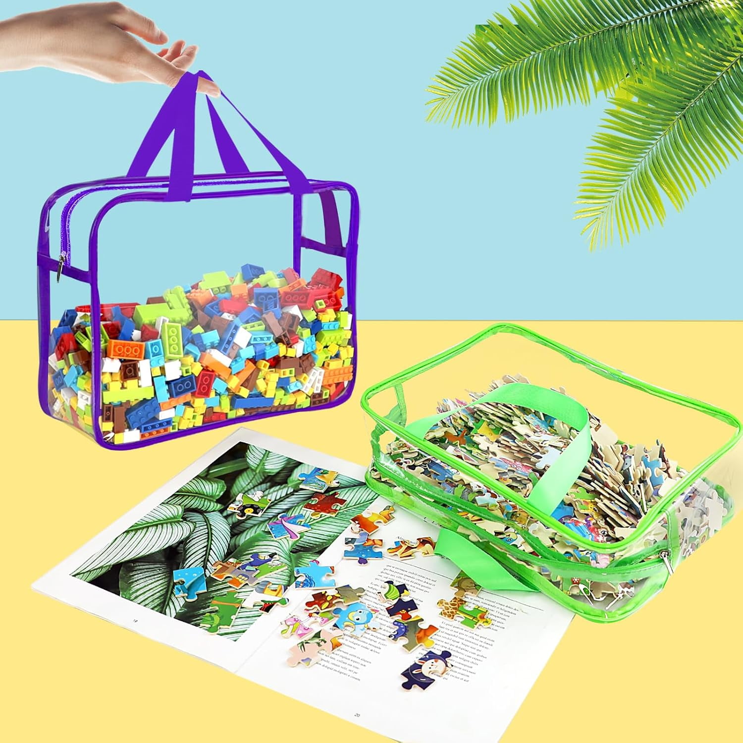 Januofit Auckpure 6 Pcs Large Toy Storage Bags with Labels, Reusable Clear PVC Board Game Storage, Travel Waterproof Organizer Bags with Zipper for Building Blocks, Puzzle, Kids Books（6 Colors）