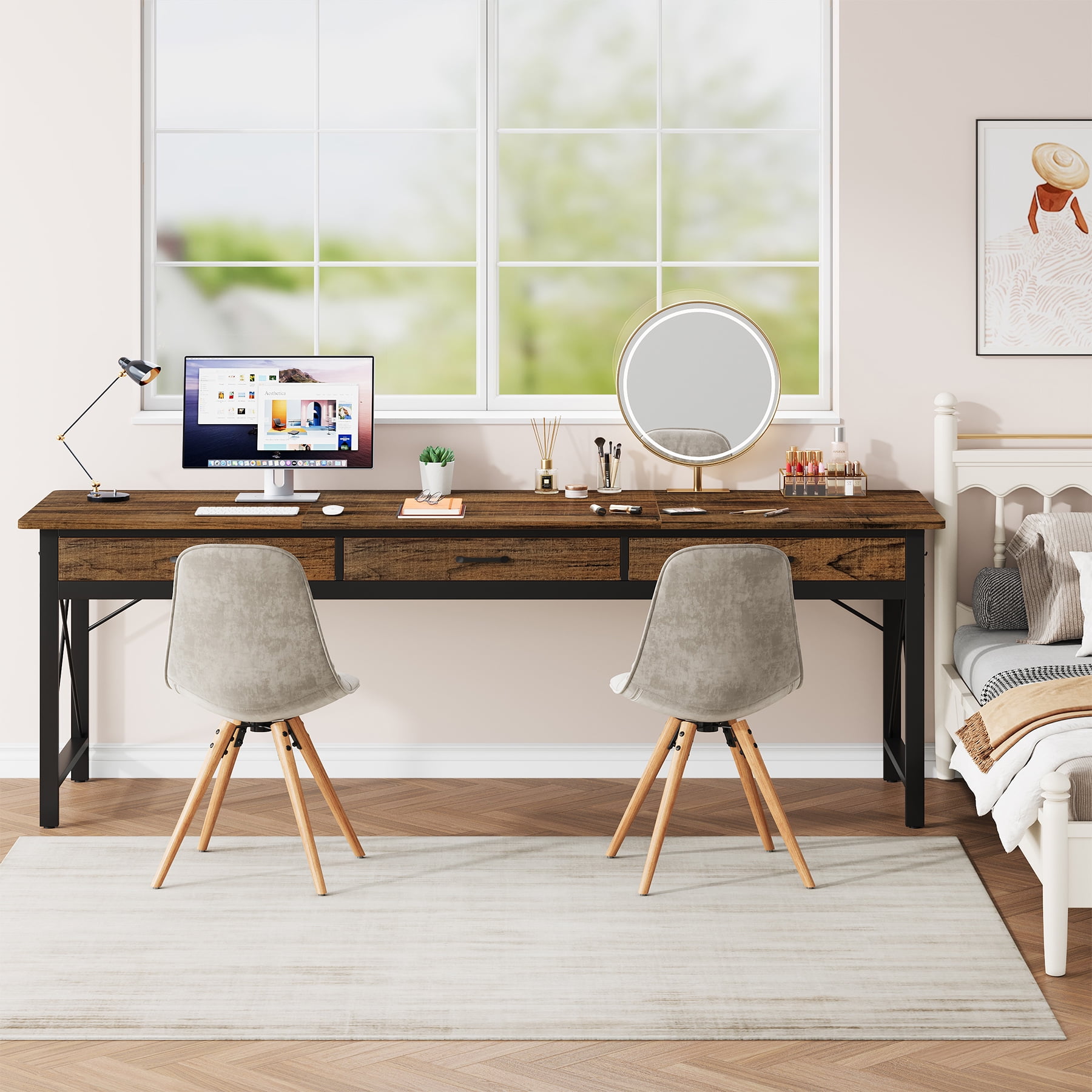 Condemo 78.7 inch Extra Long Computer Desk, Double Desk with 3 Drawers, Two Person Desk with Hooks, Industrial Writing Study Table Workstation for Home Office, Light Brown and Black