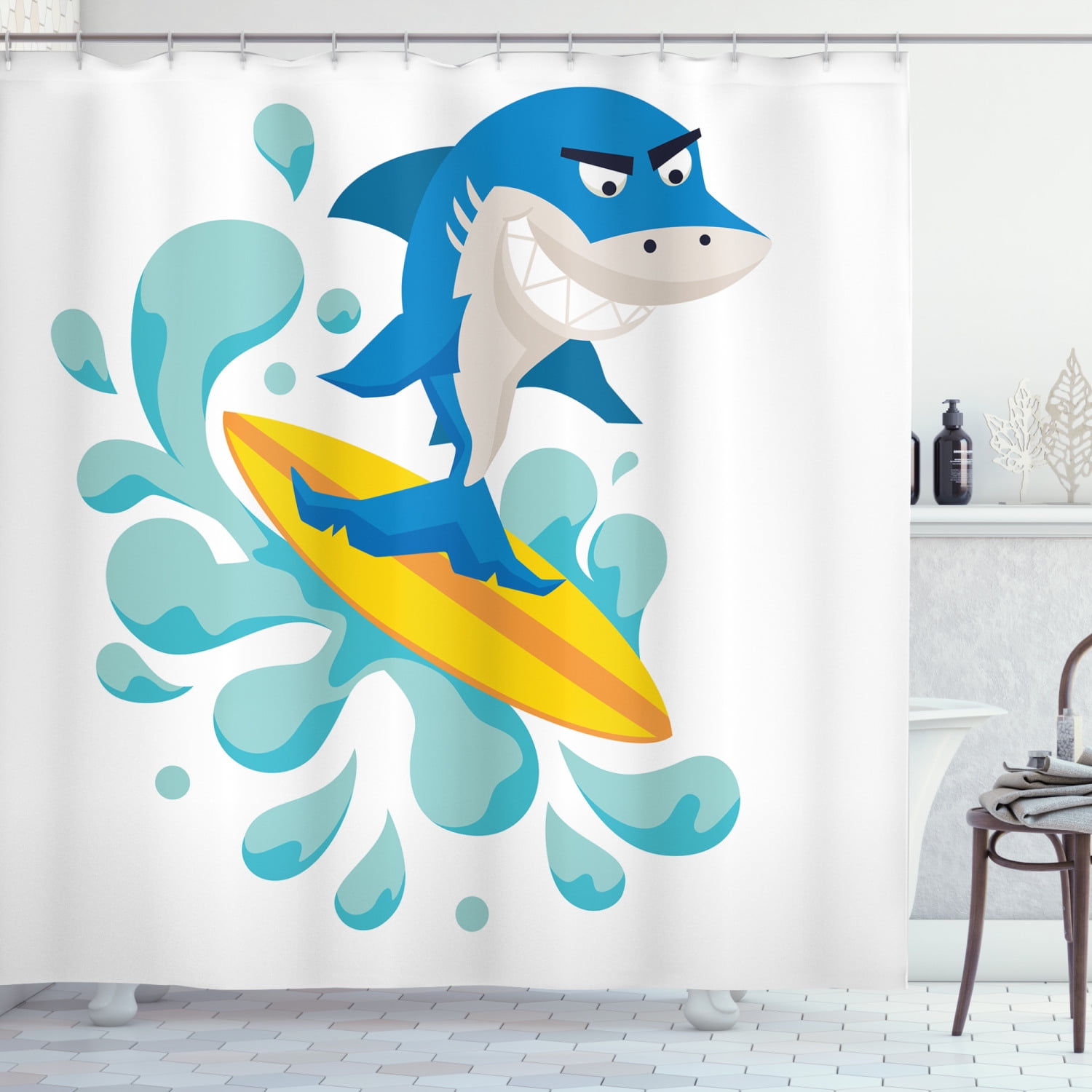 Ocean Cartoon Shark Wooden Floor Waterproof Shower Curtain Rugs Mat Fabric& Hook 