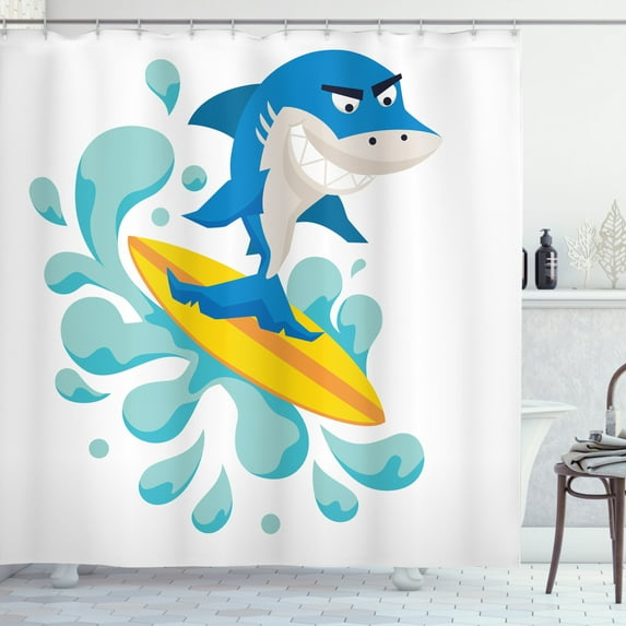 Ambesonne Ride the Wave Shower Curtain, Funny Shark Surf, 69"Wx70"L, Violet Blue Turquoise