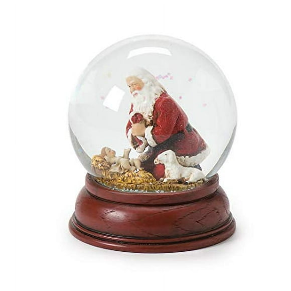 Josephs Studio by Roman - Traditional Santa with Baby Jesus and Lamb Glitterdome, The Kneeling Santa Collection, 100mm, 4.75" H, Resin, Glass and Metal, Christmas Decoration