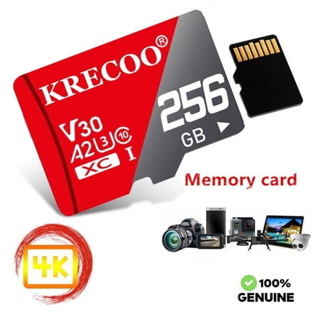 256GB Micro SD Card with SD card adapter featuring a red and gold design, labeled as Class 10 high-speed. Ideal for automotive electronics, including dash cams, surveillance cameras, tablets, and computers. Compact size with dimensions of 12x10mm and supports ultra HD videos and high-resolution photos.