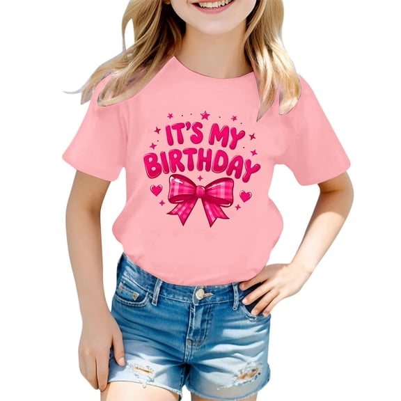 WOYY Toddler Girls Birthday T Shirt Cute Letter Print Short Sleeve T-Shirt, Sizes 1-2T