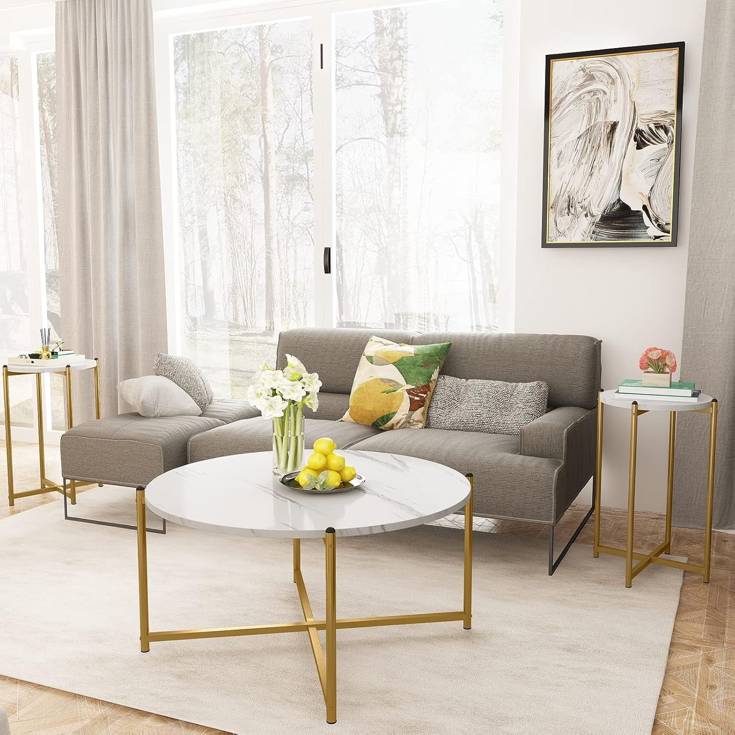 Cvortll Coffee Table Set of 3, Round Faux Marble Top with Cross Metal Frame, Modern Living Room Table for Apartment （White & Gold）