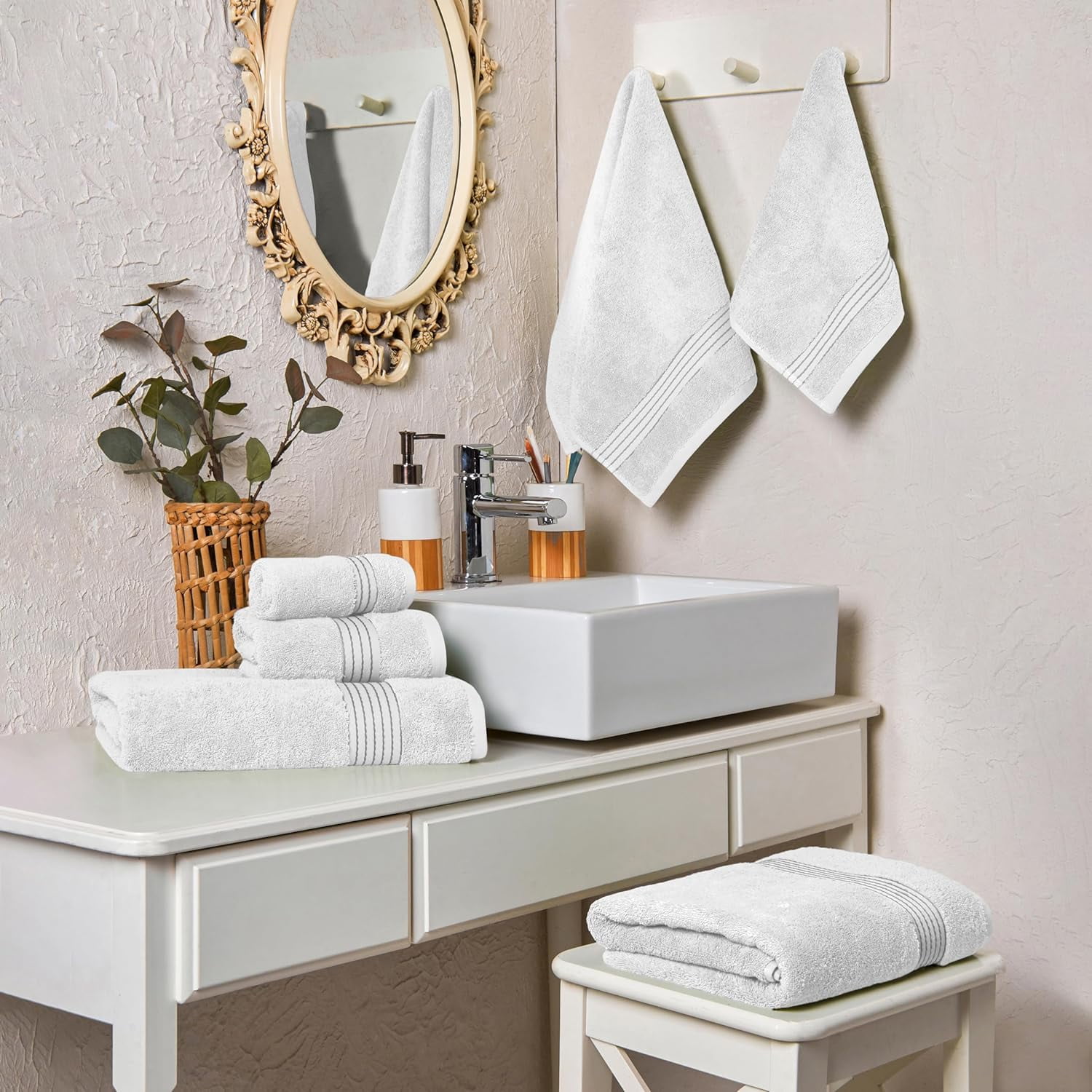 Cotton 6-Piece Towel Set, Includes 2 Washcloths, 2 Hand Towels and 2 Bath Towels, 100% Turkish Cotton , White/Gray