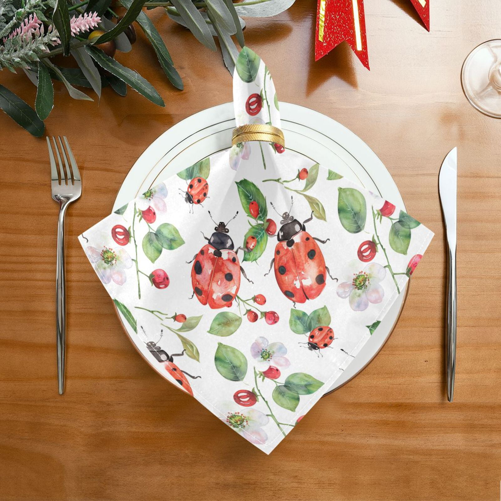 JSTEL Lady Bug Flower Leaf Cloth Napkins Set of 6, 20x20 Inch Washable and Reusable Napkin for Decoupage Dinner Party Everyday Use