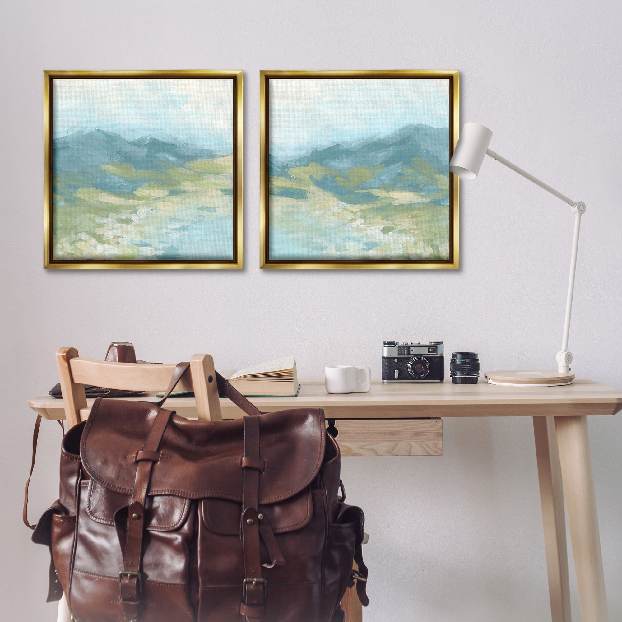 Stupell Industries Foggy Mountain Pond Landscape Painting Gold Floater Framed Canvas Art Print Wall Art, 25 x 25, Set of 2