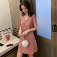 thumbnail image 3 of Women‘s Summer V-Neck Short Sleeve Solid Ruched Dress Ladies Casual Dresses, 3 of 4
