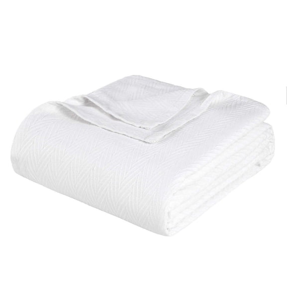 Queen White Cotton Woven Chevron Blanket