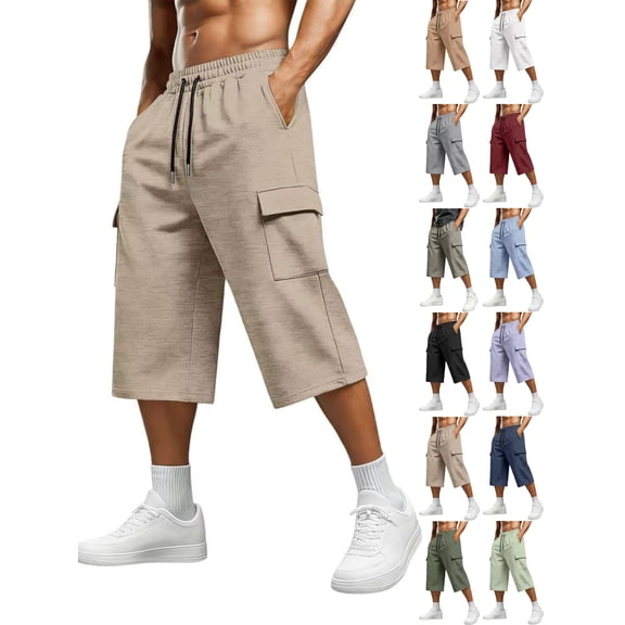 Men's Cropped Sweatpants with Pockets Solid Color Elastic Waist Multi-Pocket Casual Sports Capris Daily Wear
