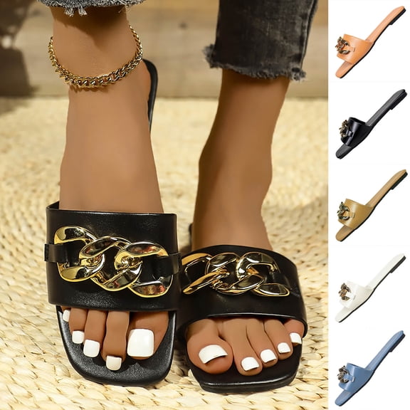 BRGZLK Metal Chain Flat Sandals For Women with Square Toe One-Strap Slide Sandals For Comfortable Summer Casual One Word Large Size Slippers