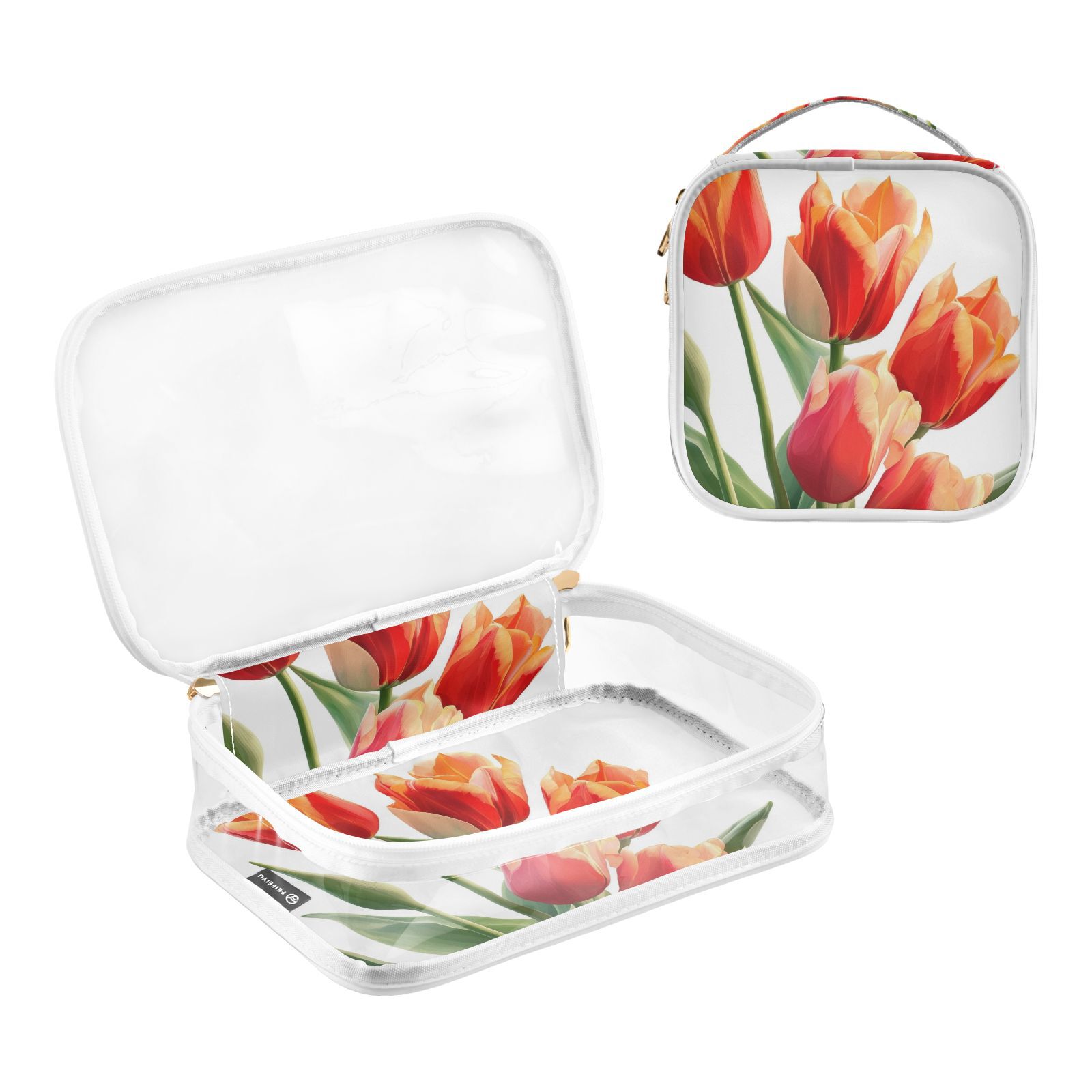 Clear Makeup Bags with Handle Large Opening 2 Pack Set Toiletry Bag Quart Size Bag, for Women Man Traveling Travel Essentials, Toiletries and Other. Tulipa Flower