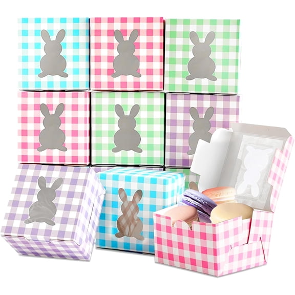 "4x4x2.6 Inches Colorful Bunny Boxes with Window (12 Pack), Buffalo Plaid Kraft Cardboard Goodie Cupcake Strawberry Treat Candy Box for Easter Day, Spring Decorations, Gift Containers Party Supplies