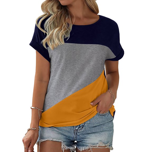 Langwyqu Womens Color Block Short Sleeve Tops Casual Summer T-Shirt